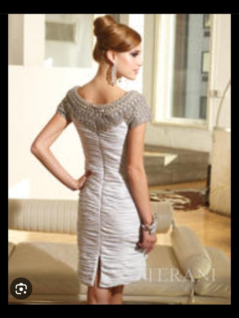 Terani Couture Champagne Midi Dress with Silver Embellished Neckline - Picture 2 of 11